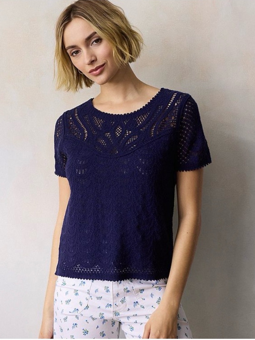 Women’s LC Lauren Conrad Crochet Sweater Tee - Navy | L - NWT